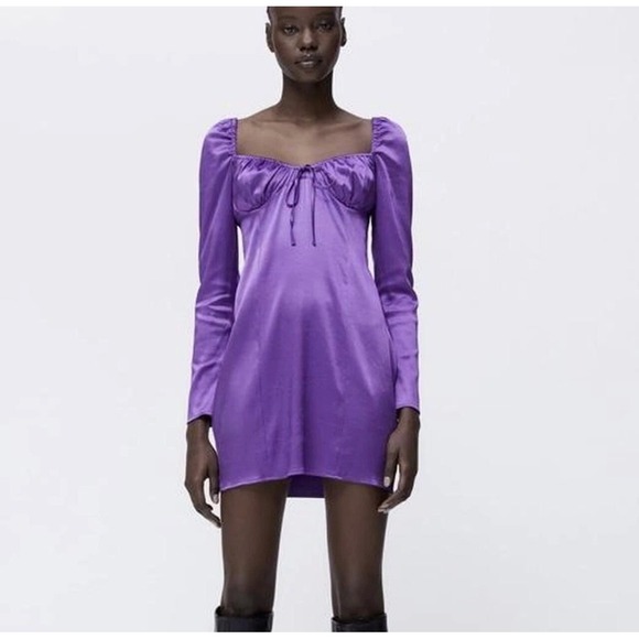 Zara Dresses & Skirts - Zara Purple Satin Ruched Mini Dress Long Sleeve‎ Sweetheart Tie NWT Large